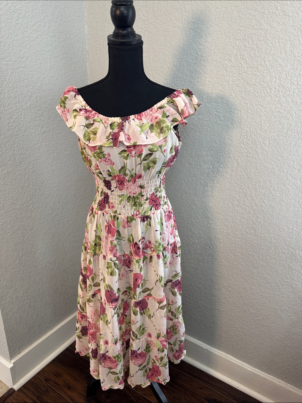 Divided White and Pink Floral Off-Shoulder Midi Dress